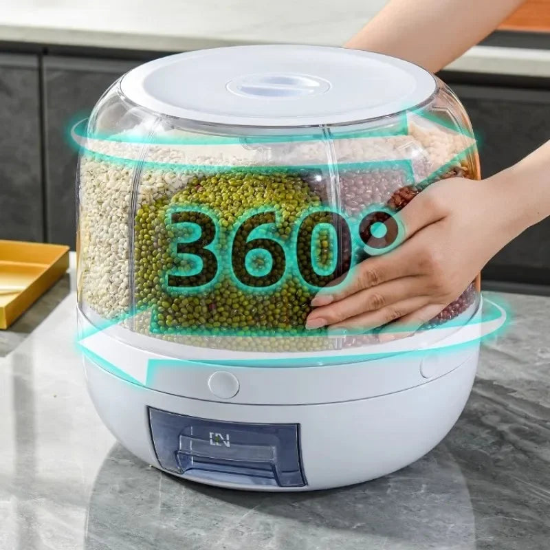 360° Rotating Grain Storage Container Dispenser Rice Barrel Sealed Rotatable Cereal Box Moisture-proof Kitchen Storage Organizer
