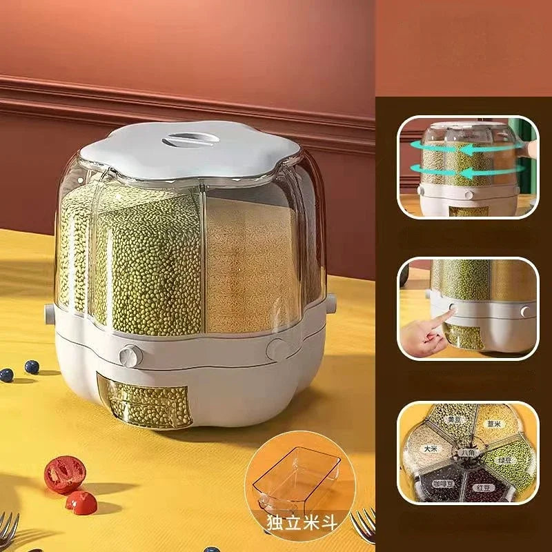 360° Rotating Storage Container Large Food Storage Container Rice Barrels Sealed Cereal Kitchen Dispenser Rice Tank Grain Box